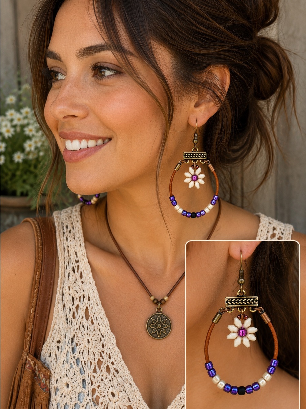 Hand Crafted Boho Purple Beaded Floral Hoop Earrings